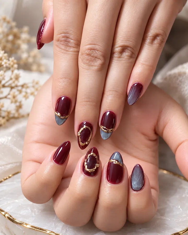 Nail art burgundy dengan garis emas karya Vivy