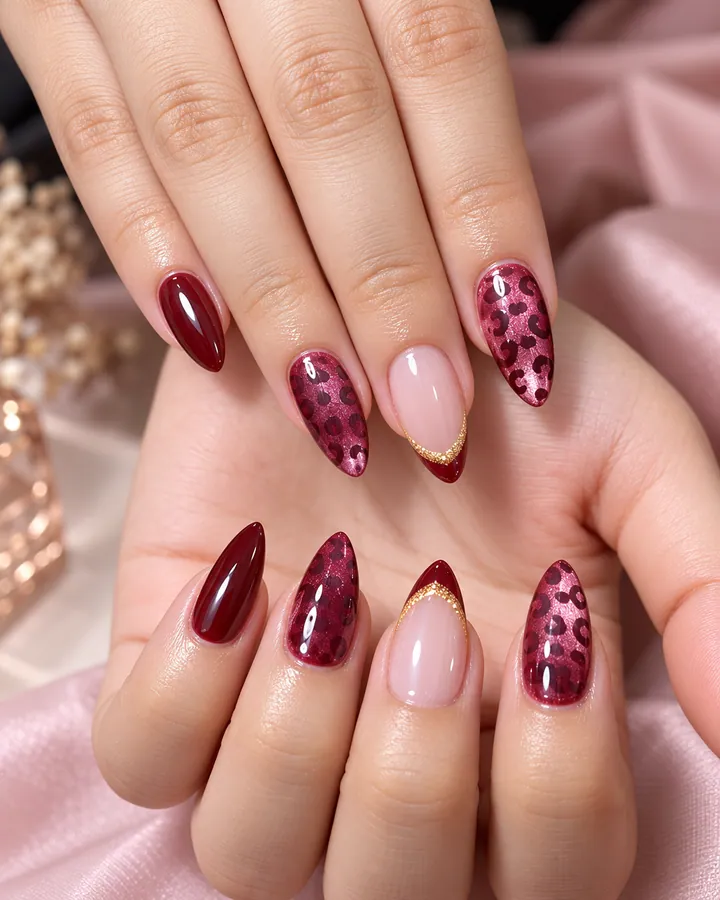 Nail art burgundy dengan motif leopard dan french emas