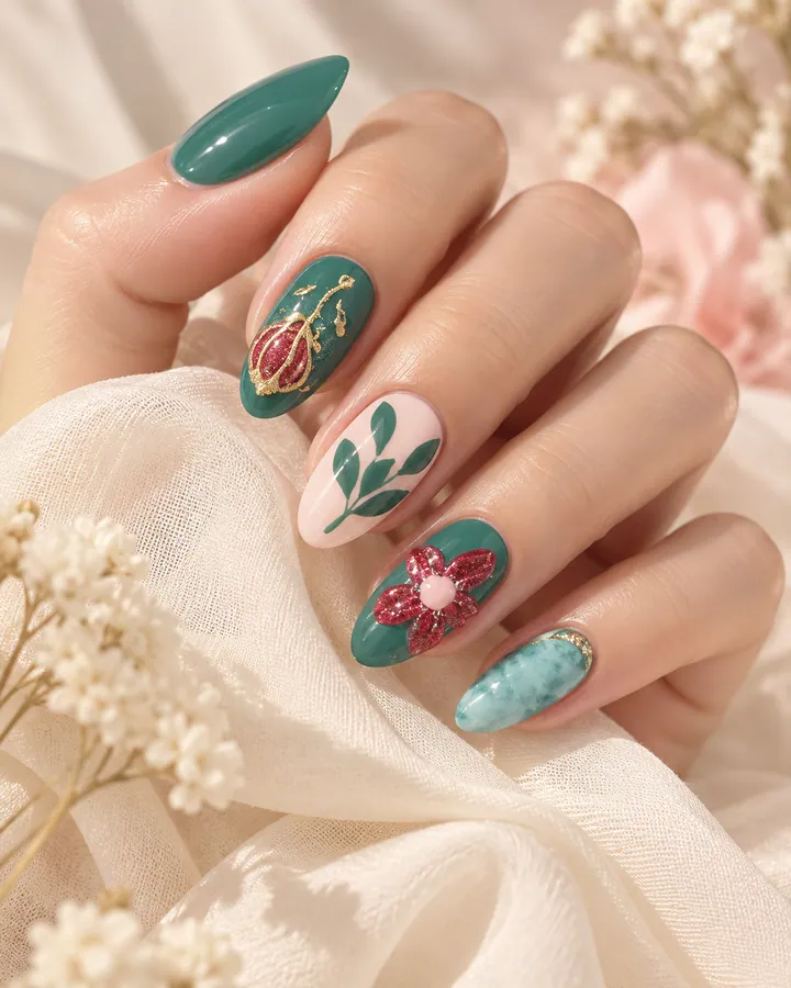 Nail art hijau dengan lukisan bunga dan daun
