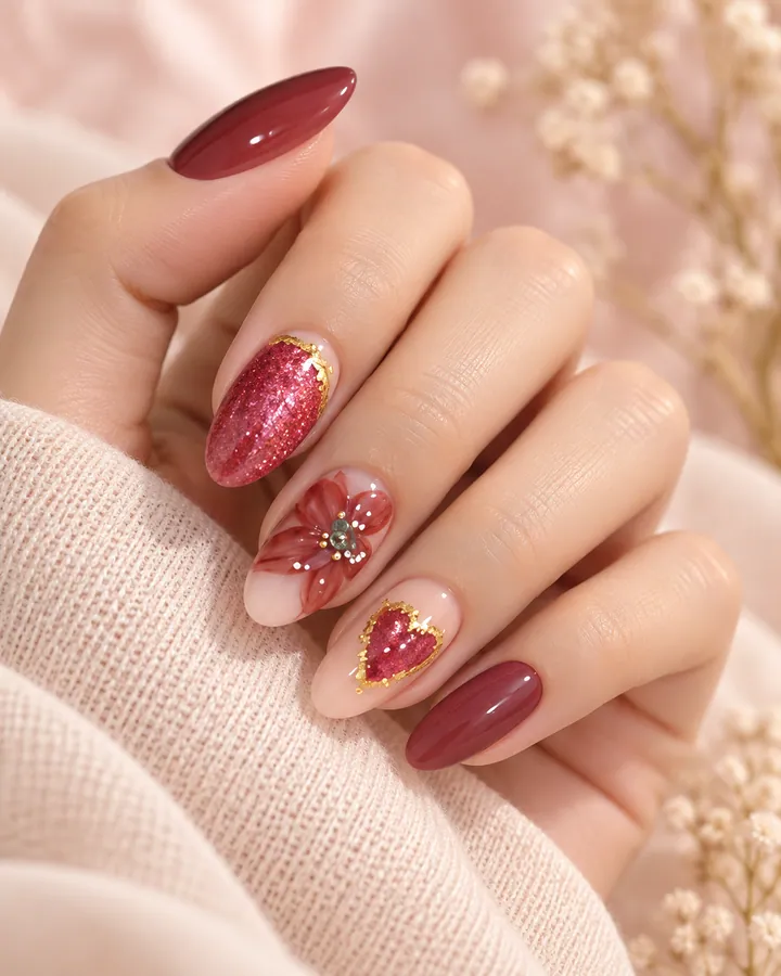 Nail art merah dengan bunga timbul dan glitter