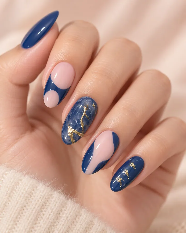 Nail art biru navy dengan marmer emas dan aksen nude